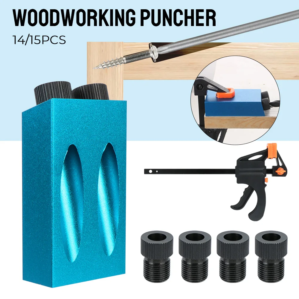 15 Degrees Pocket Hole Jig Kit With Drill Bit Set Hole Puncher 7/14/15Pcs Woodworking Hole Drilling Guide Locator