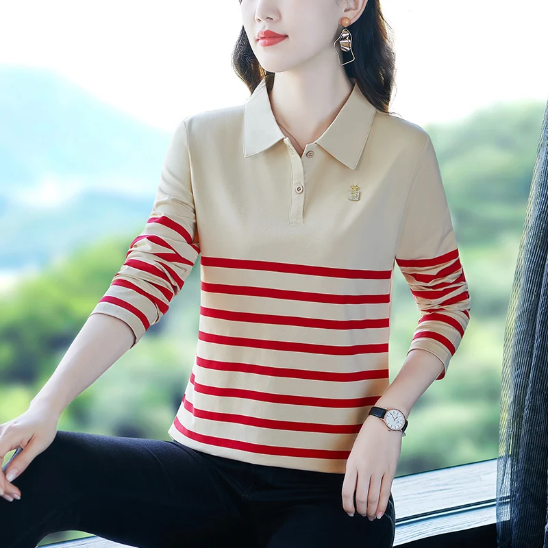 Striped Long Sleeve Sports Women's POLO Shirt Pretty Shirts Youthful Woman Clothes Aesthetic Elegant T-shirts Korean Style Sexy