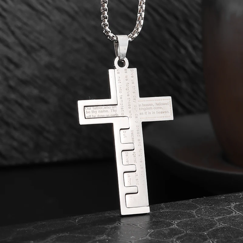 Stainless Steel Christian Bible Jesus Cross Pendant Necklace Men Women Catholic Prayer Amulet Jewelry Gift