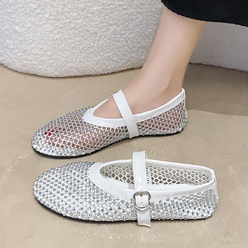 Mesh Breathable Rhinestone Flat Ballet Shoes Women Comfortable Soft Soled Loafers Designer Luxury Mary Jane Shoes Plus Size 44