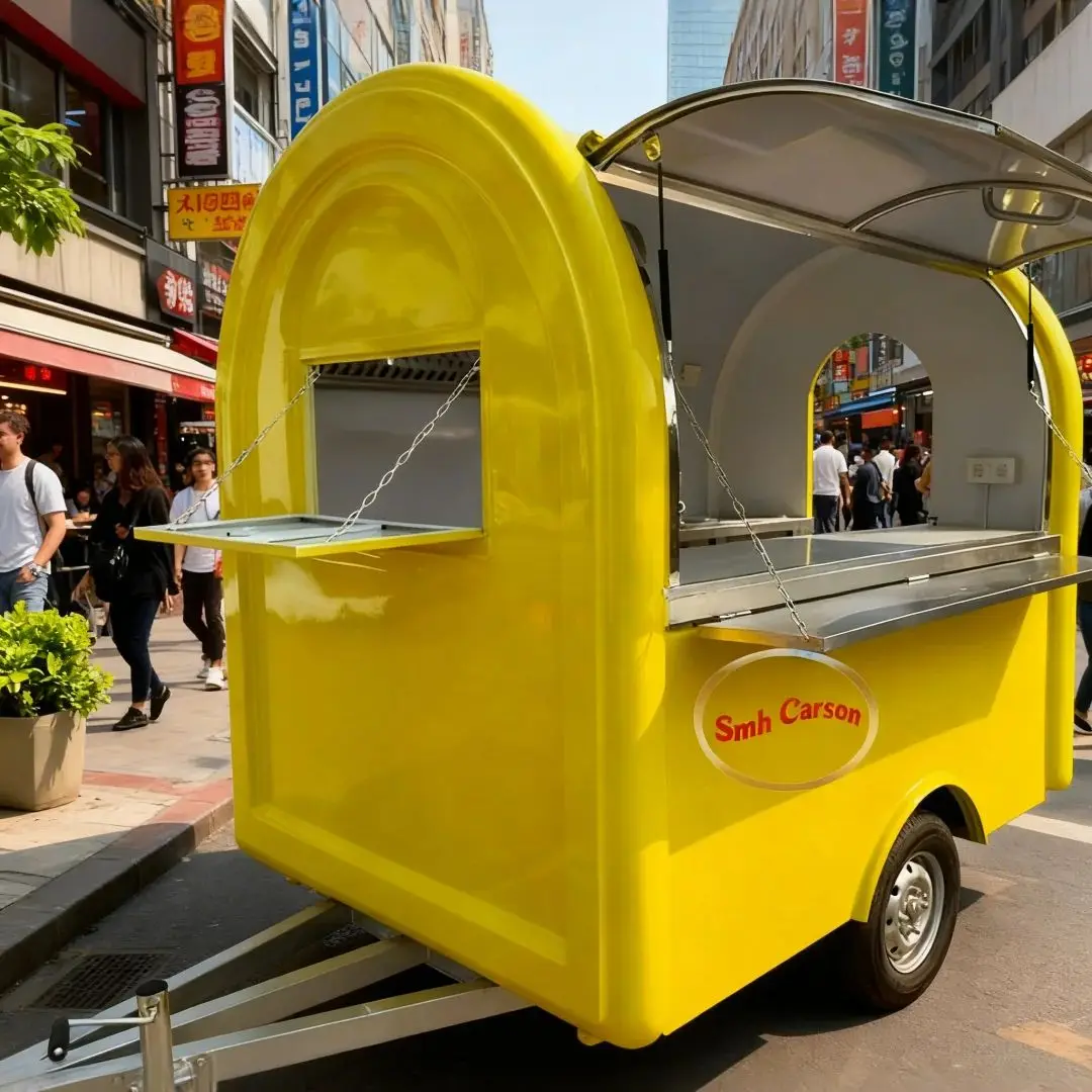 

Bright Yellow Outdoor Food Trailer round Smooth Attractive Design Mobile Kitchen Stand for Street Food Catering