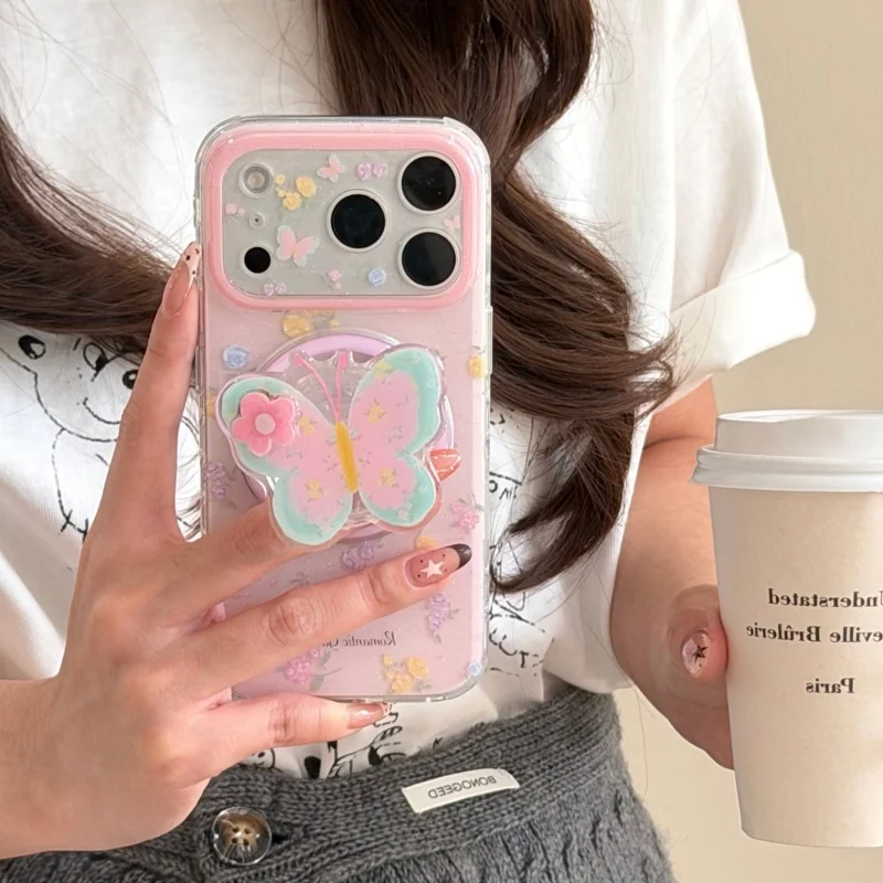 

Korean Ins Glitter Cute Flower Painting Butterfly Stand Magnetic Phone Case For iPhone 17 Pro 16 15 14 Pro Max Back Cover For Ma