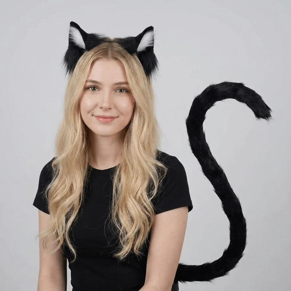 Lovely Simulation Animal Cat Ears Headband Ears Headband Party Props Cat Tail Plush Headdress Cat Costume Accessories Masquerade