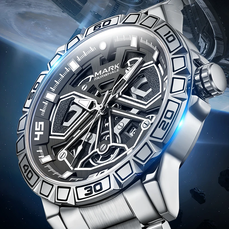 Mark Fairwhale Top Brand Luxury Watch Tourbillon Mechanical Watch for Men Automatic Steel Strap Skeleton Mens Watches