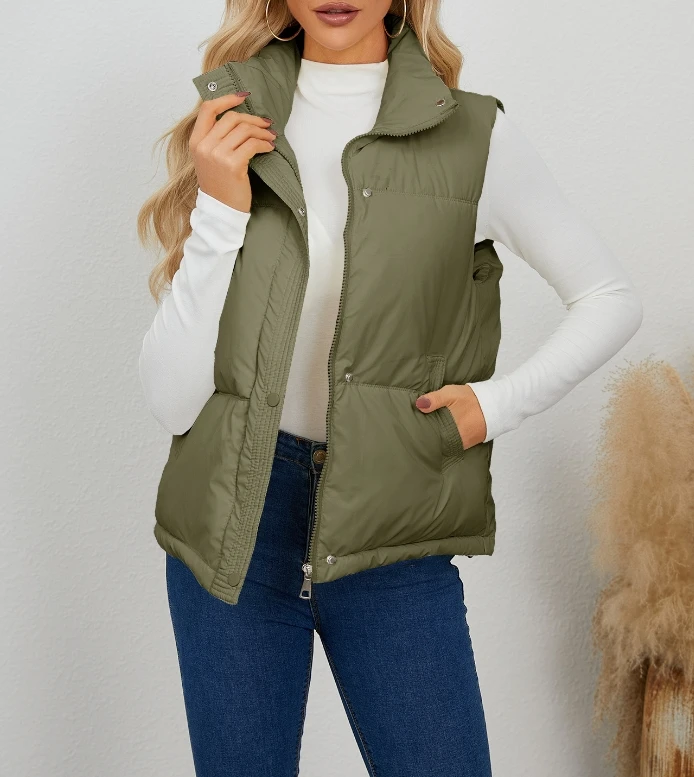 

White Women Warm Waistcoat Fall Winter Sleeveless Stand Collar Lightweight Puffer Black Jacket Warm Casual Outerwearet Vest