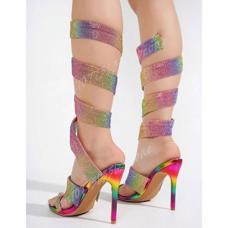 Multicolor Rhinestone Twine Sandals Cut Heels Open Toe Shoes for Women Stilettos High Heels Sexy Shoes 2024 Zapatos Para Mujere