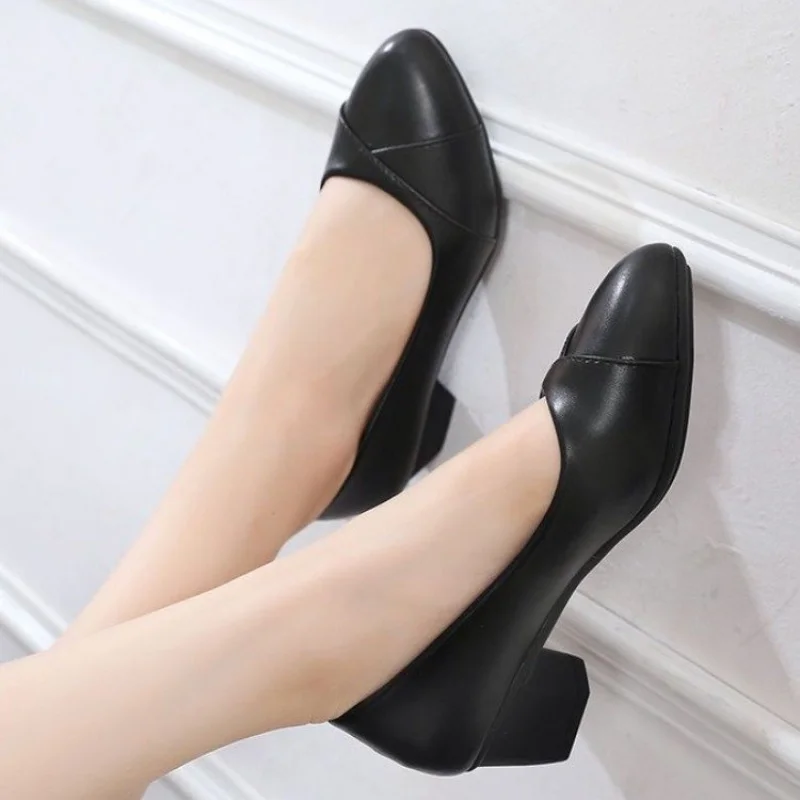 

Women's Black Leather Low - Heel Square - Toe Pumps - Classic & Comfortable