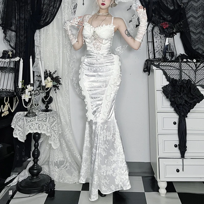 Moda francesa, nuevas faldas blancas de Lolita para mujer, falda larga de boda de retales Vinatge Y2k, Cosplay, cintura alta, trajes elegantes para mujer