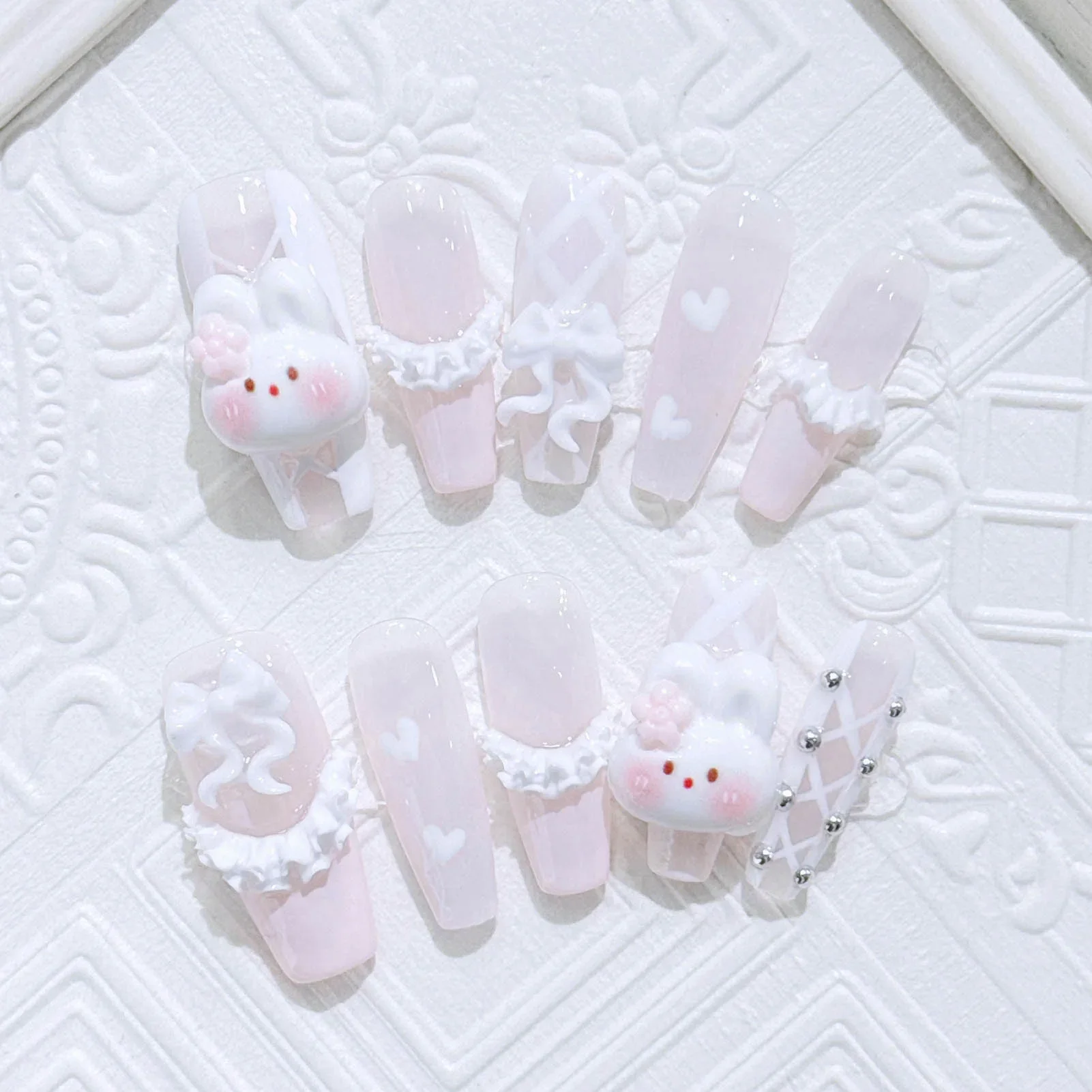 

10pcs Handmade Press On Nails Light Pink French Style White Long Coffin False Nails Cute 3D Rabbit Designs Sweet Fake Nail Tips