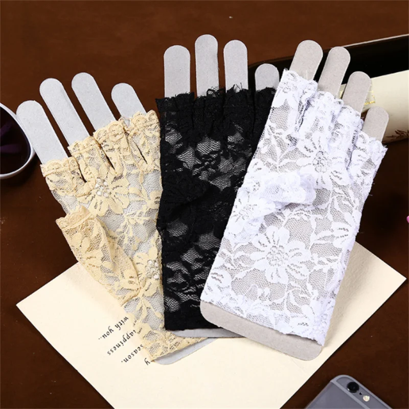 Womens Sexy Dressy Lace Gloves Sunscreen Short Gloves Fingerless Lace Driving Gloves Spring And Summer Mittens Accessories