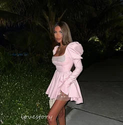 Lovestory Pink Homecoming Dress Girl Long Sleeves Prom Dress Square Neck Mini Evening Party Dress 2024 robes de soirée