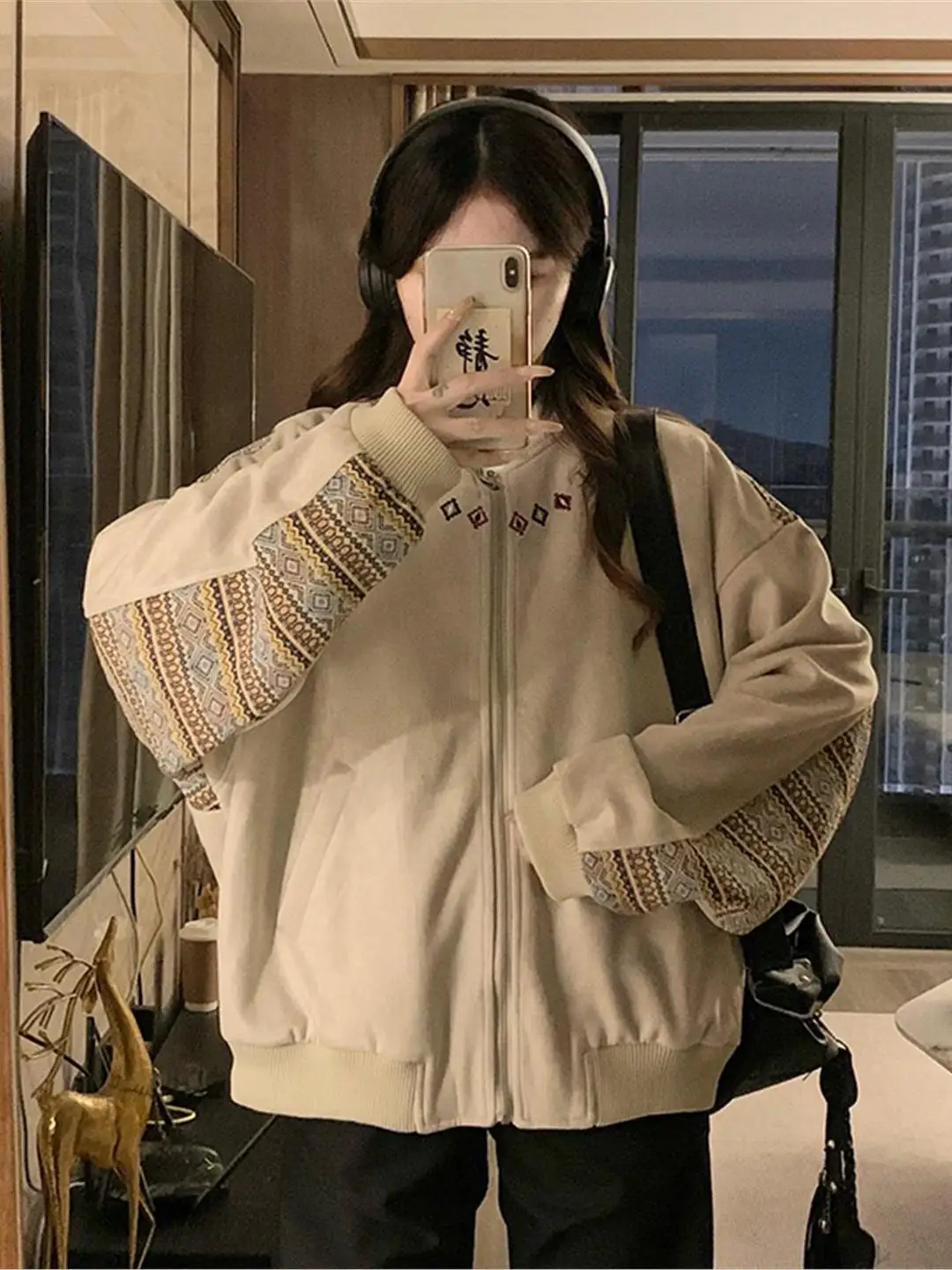 

Retro American Jaet Men's Baseball Design Embroidered irt Waistnut Flower Couple's Outerwear Casual Sle Windproof