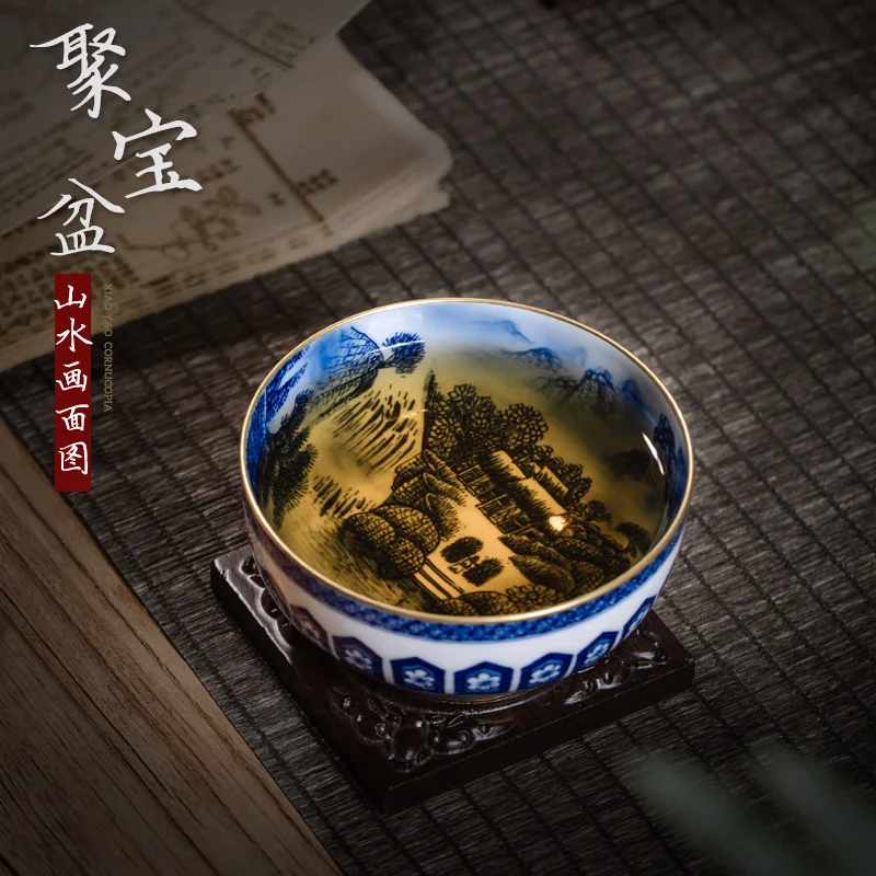 Porcelain Kiln Jingdezhen Ceramic Handmade Blue and Whitelandscape Interior Painting Master Cup Single Cup Large Pu'er Cup Gift