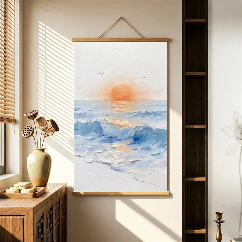Wall Decorations Orange Sun above Gentle Coastal Waves, Pearlescent Canvas Hanging Scroll for Vacation Villa Interior Decor