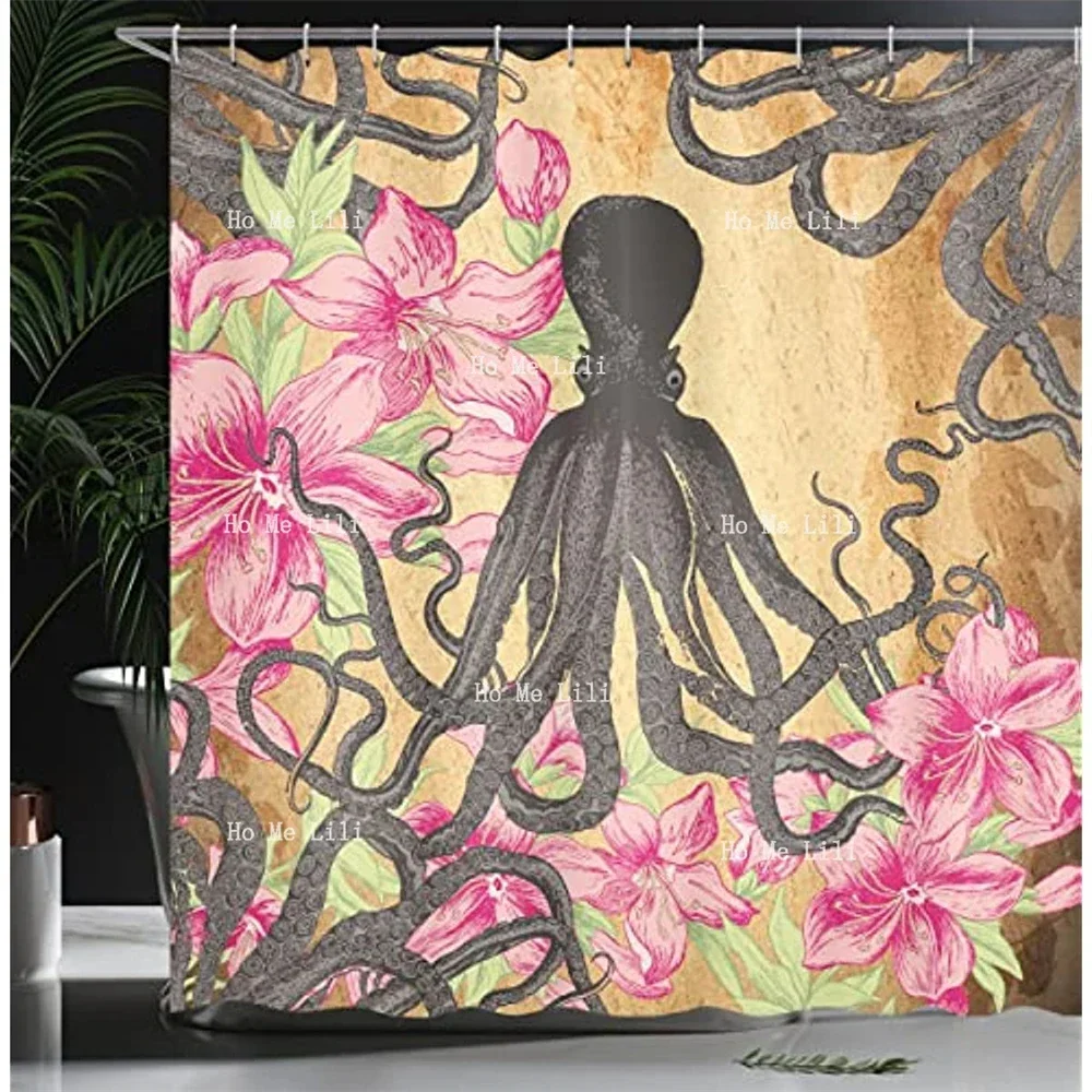 Octopus Shower Curtain Sea Monster Rose Leaf Tentacles Retro Antique Sea Creature Themed Bathroom Decor