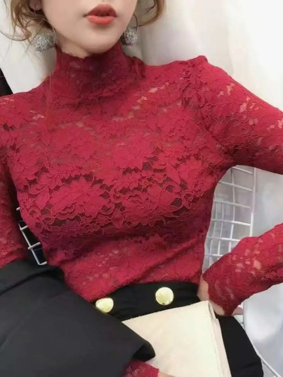 

Sexy Lace Base irt Women's Spring Versatile f High Collar Hollow out Long Sve Base irt Hollow out Design Top for Women