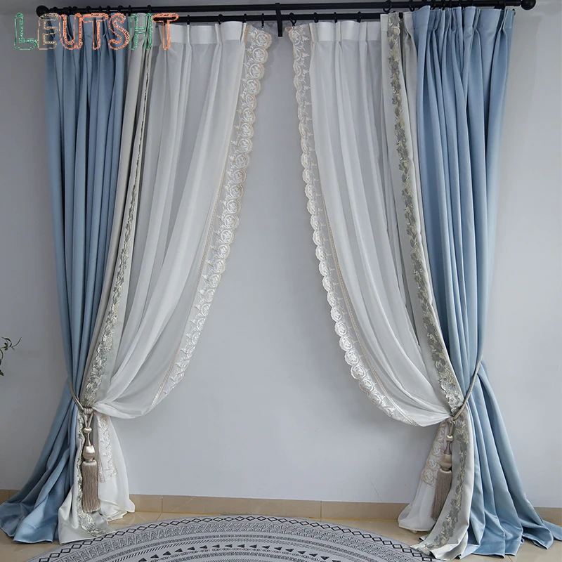 

Modern Simple Curtains Light Luxury Blackout Bedroom Living Room High Precision Blue and Gray Color-blocking French Curtain