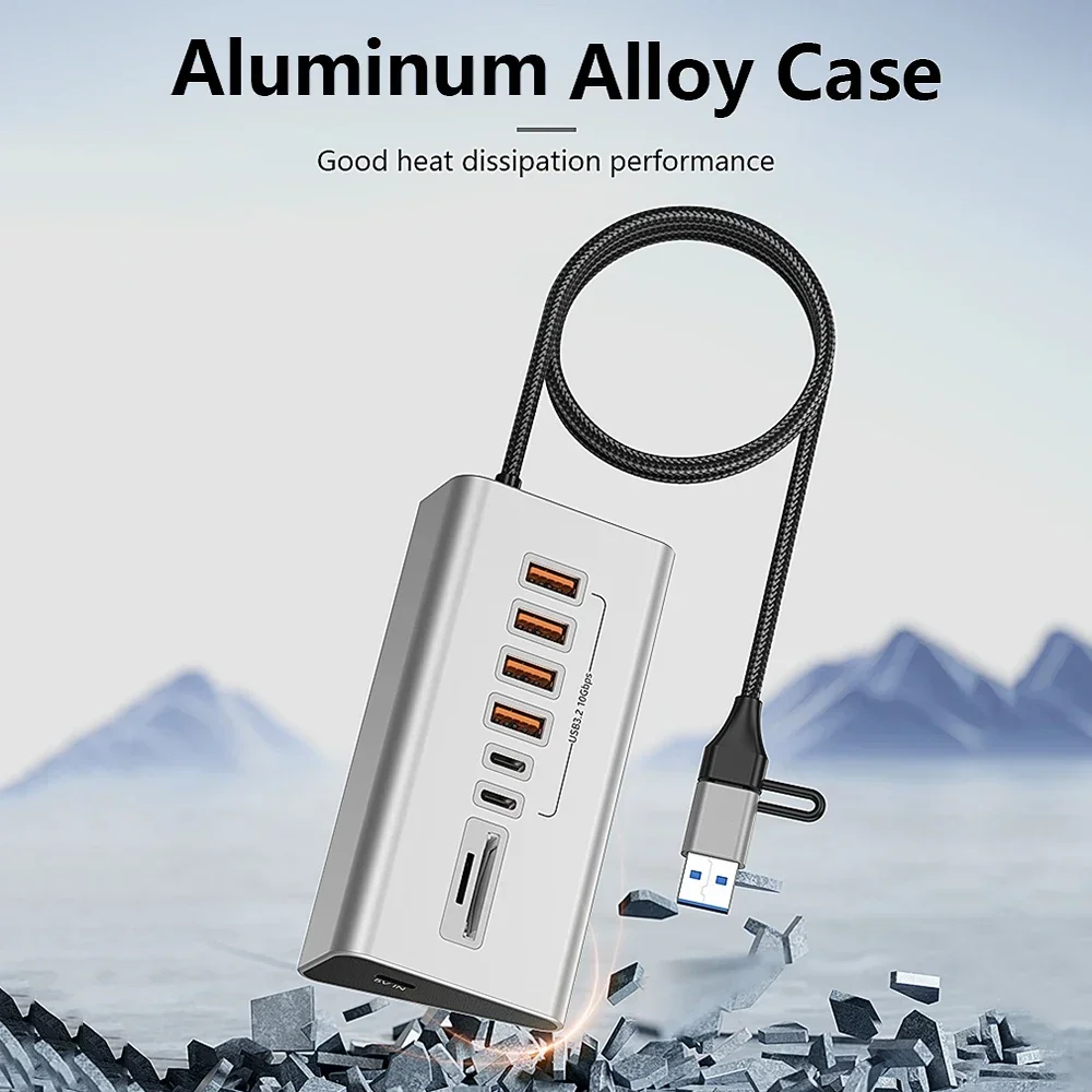 Hub USB 3.2 10Gbps Stacja Dokująca USB Rozgałęźnik Typu C z Czytnikiem Kart Stop Aluminium Wielofunkcyjny 8/9 Portowy Przełącznik do Komputera PC Laptopa — zdjęcie produktu 6