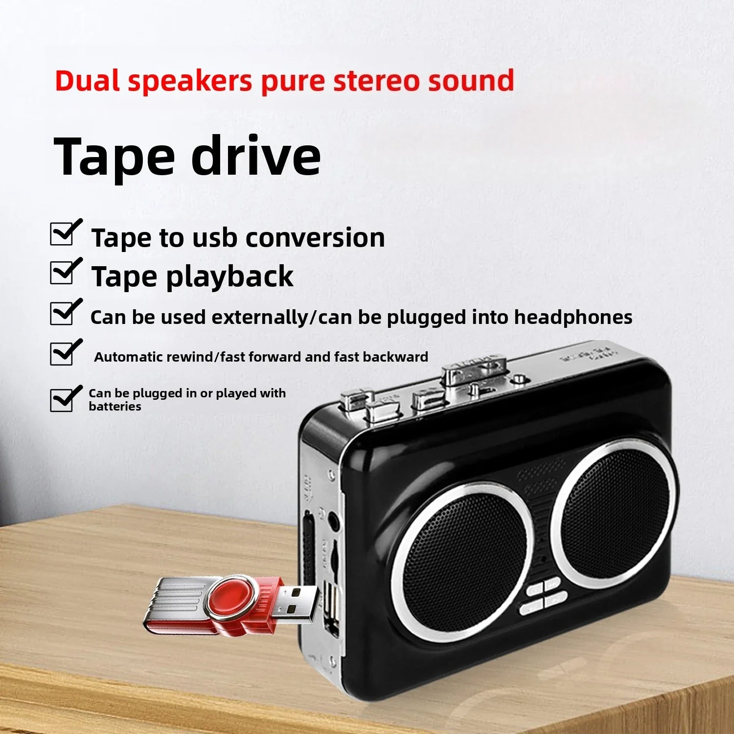 Lecteur de cassettes USB, Capture Audio musicale, lecteur de cassettes, convertisseur de bande vers MP3 sur PC avec double haut-parleur pour clé USB iPod
