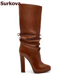 Surkova Brown Matte Leather Chunky Heel Knee Boots Ankle Lace-Up Butterly-Knot Decorated Tall Boots Square Heel Pleated Shoes