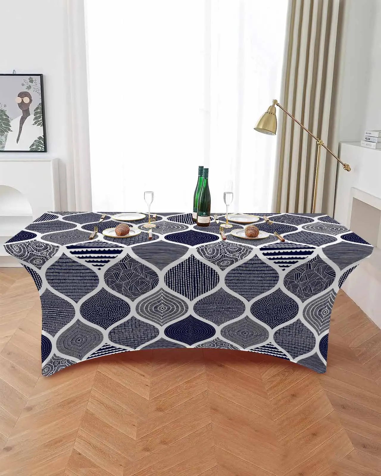 Geometry Moroccan Texture Blue Rectangular Elastic Table Skirt Wedding Hotel Table Cover Holiday Dining Table Tablecloth