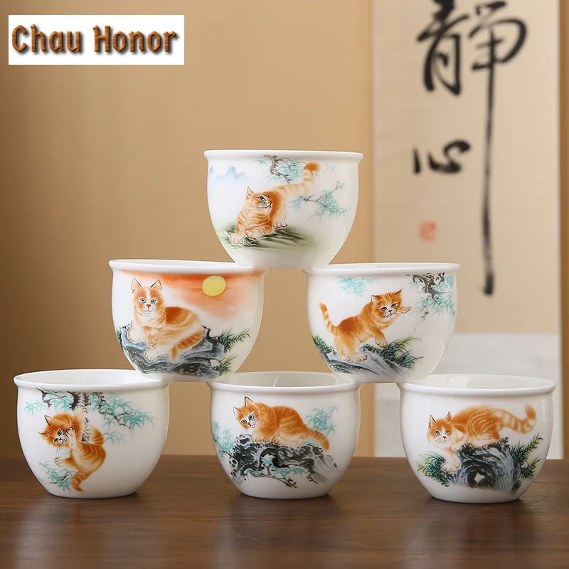 165ml Cute Cat Teacup Chinese Sheep Fat Jade Porcelain Cup Beautiful Tasting Cup Personal Master Tea Bowl Teaware Tea Ceremony