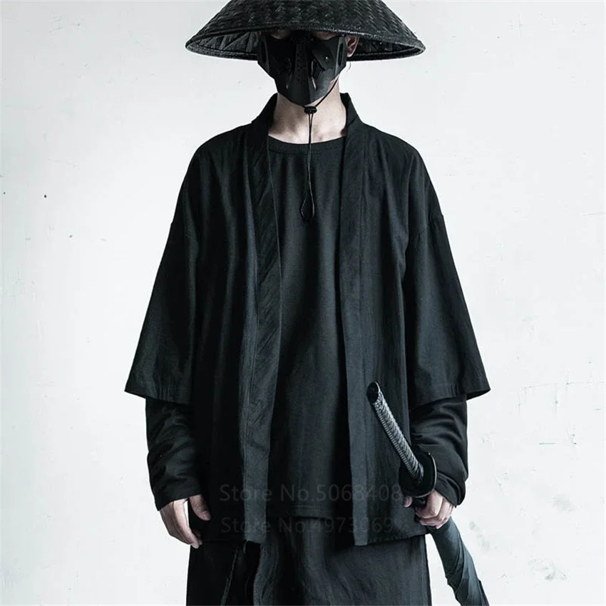 

CosplayJapanese Streetwear Haori Men Traditional Kimono Cardigan Black Coat Jacket Harajuku Autumn Samurai Fashion Cosplay Costu