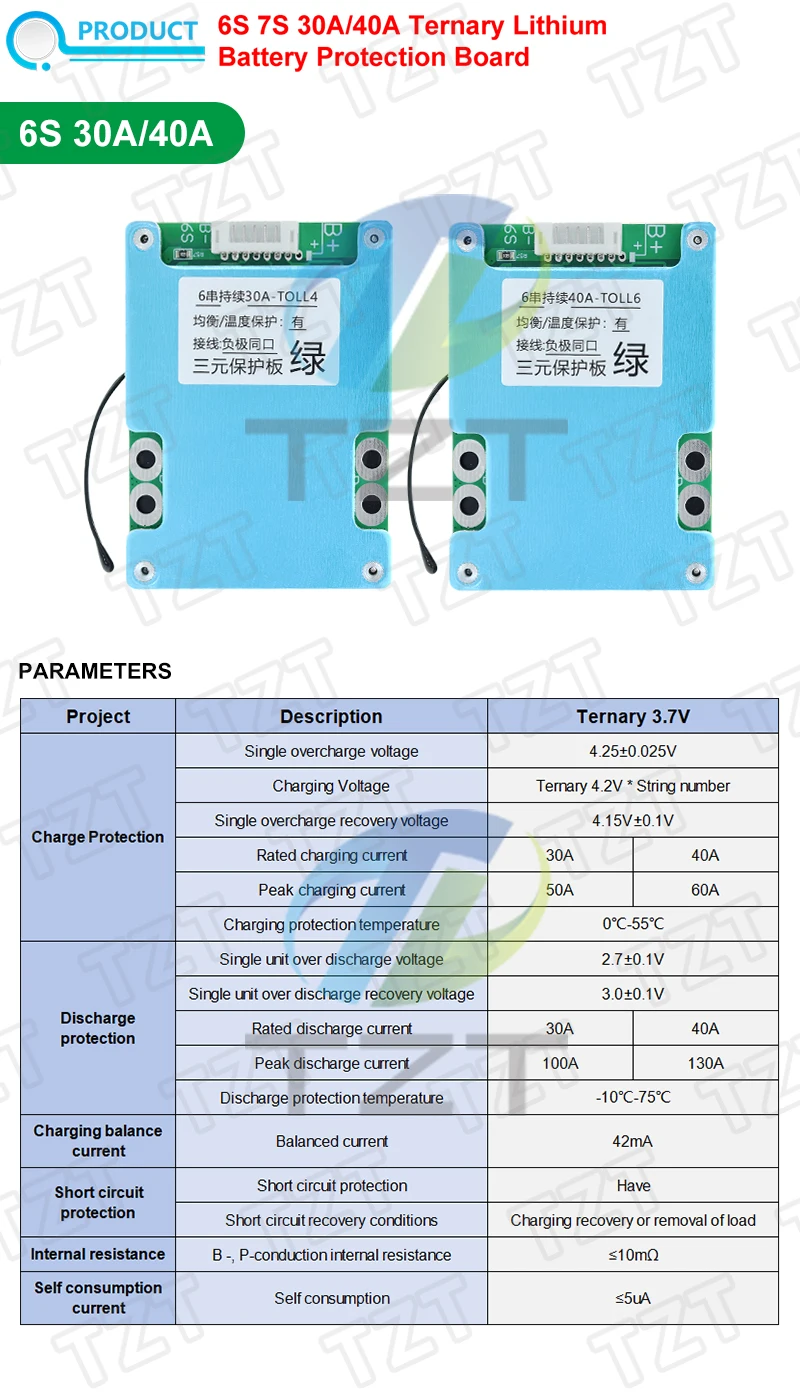 TZT 6S/7S 30A 40A BMS 4.2V 18650 Batterie-Schutzplatine mit Balancer und NTC-Temperaturschutz, gemeinsamer Anschluss mit Kühlkörper – Detail 1