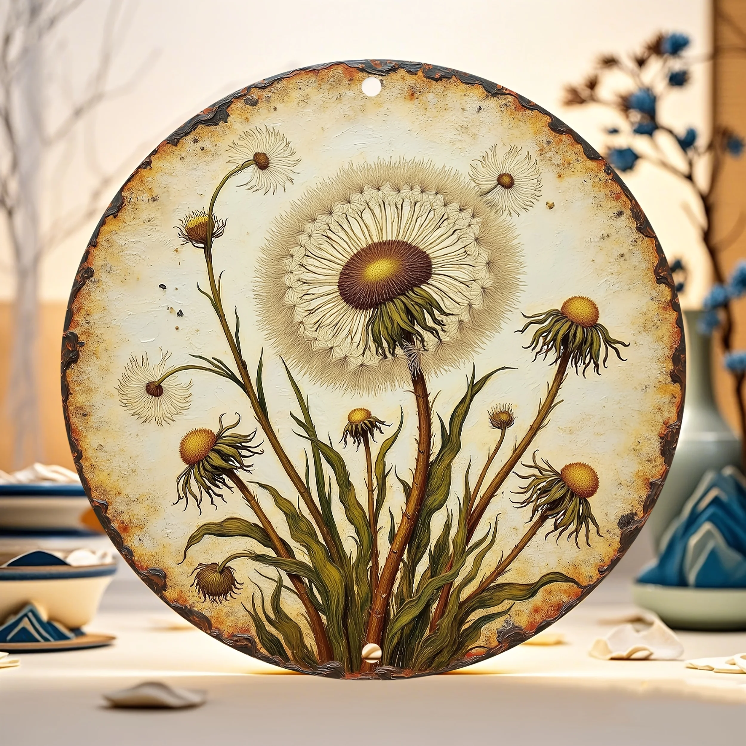 2D Flat, 1pc 2D Flat Dandelion Round 2D Flat Wall Art - 20.32x20.32 cm Country Style American Indoor and Outdoor Decor, for Kitc