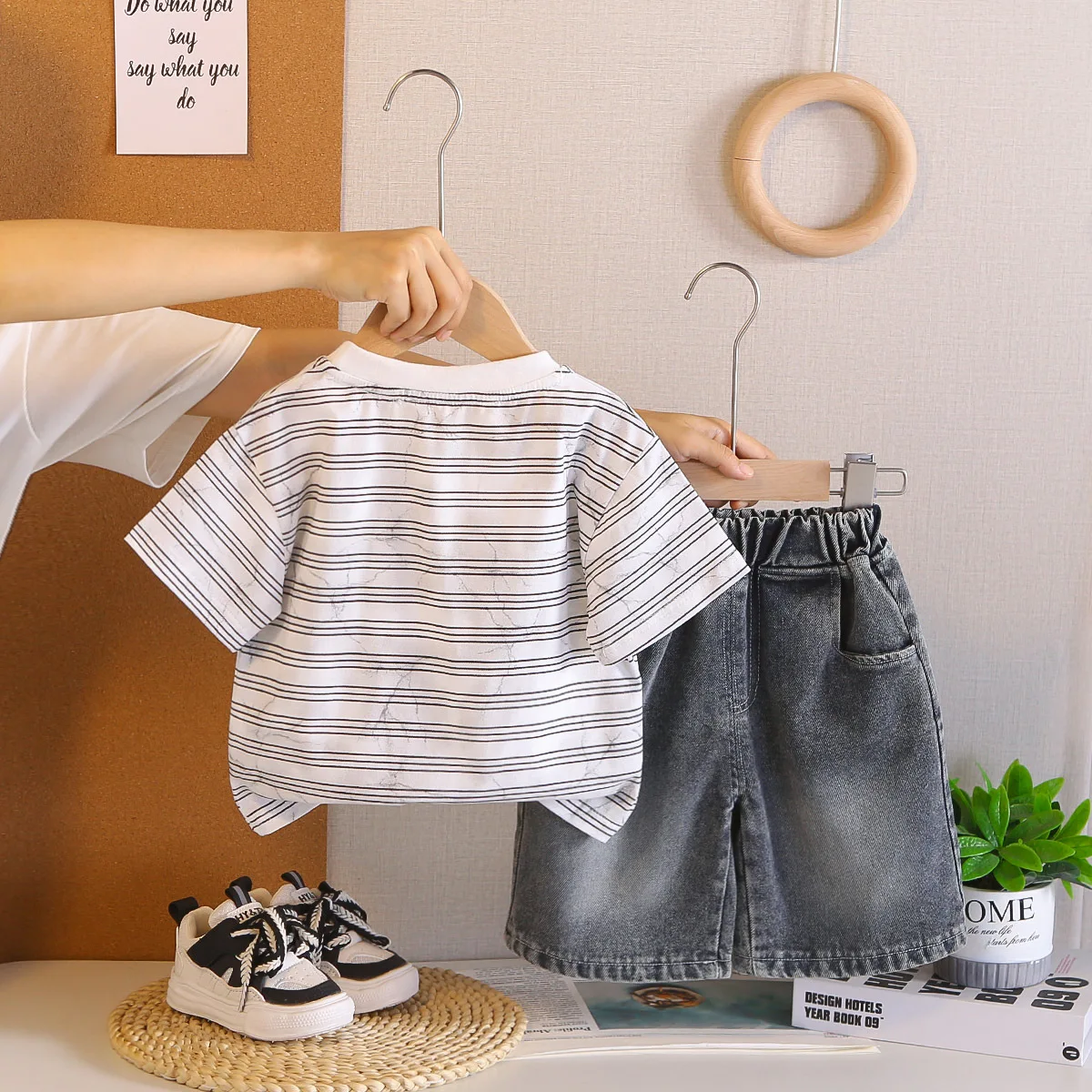 Baby Boys Suit Childrens Summer Clothes Korean Casual Striped Letter Short Sleeve T-shirts Tops and Denim Shorts Two Piece Set