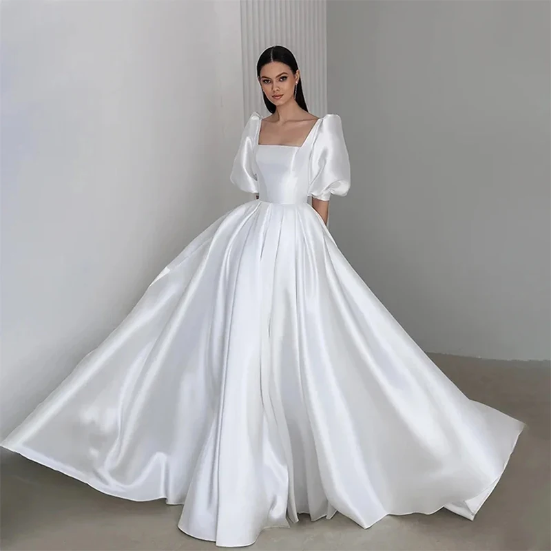 

Modest Minimalist Satin Wedding Dresses Simple Backless Bride Gown Square Collar Puffy Cap Sleeves Lace-Up Vestidos De Novia