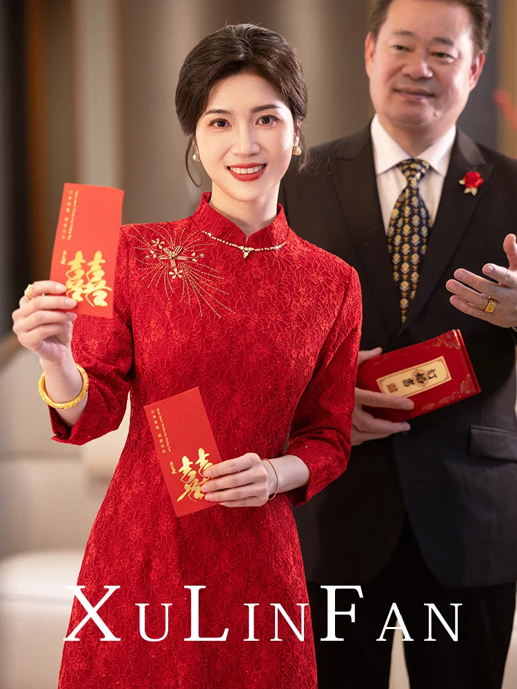 

Красное свадебное платье миди для женщин больших размеров, винтажный китайский традиционный костюм из полиэстера, длинное платье