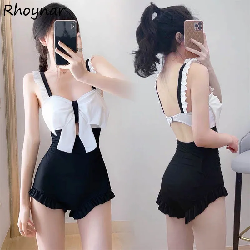 Cover-ups Women Design Ruffles Bow Backless Slimming One-piece Casual Sweet Girls Korean Style Prevalent Trendy Summer Lovely