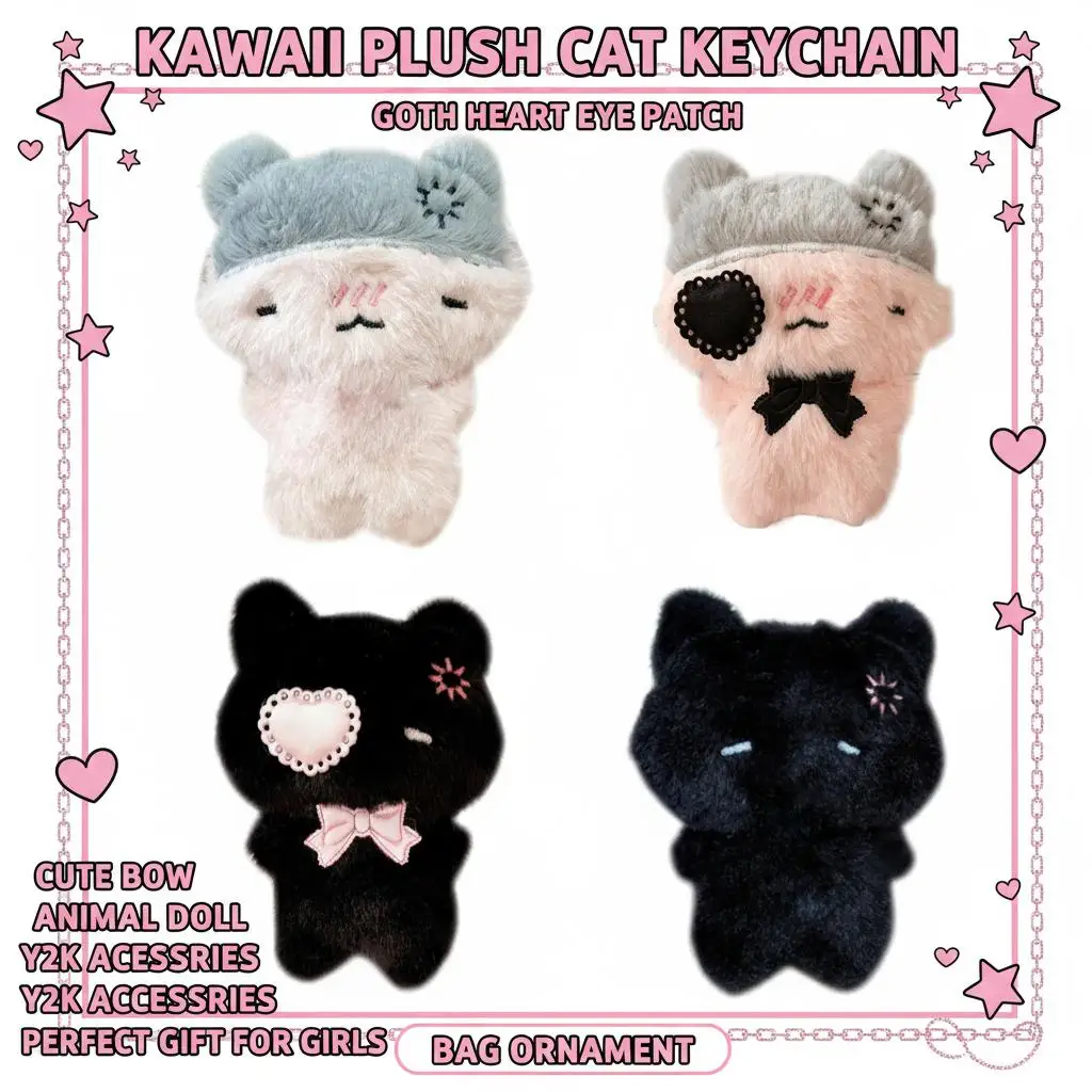 

Kawaii Plush Cat Keychain Goth Heart Eye Patch Kitten Pendant Cute Bow Animal Doll Bag Ornament for Girl Y2K Accessories Gift