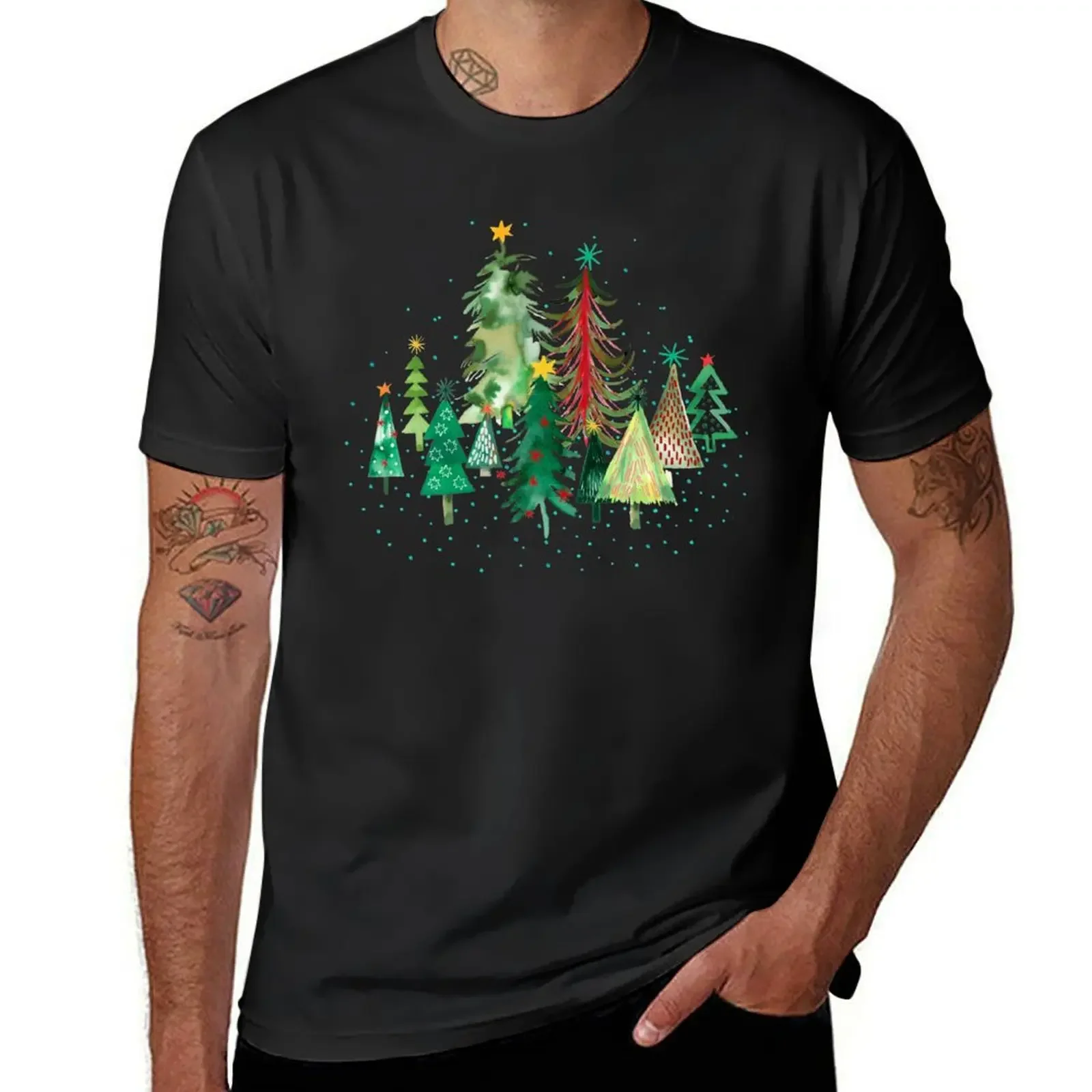 Pines and spruces forest - Christmas trees decorations pattern- Red green T-Shirt rapper graphic tees t shirts men