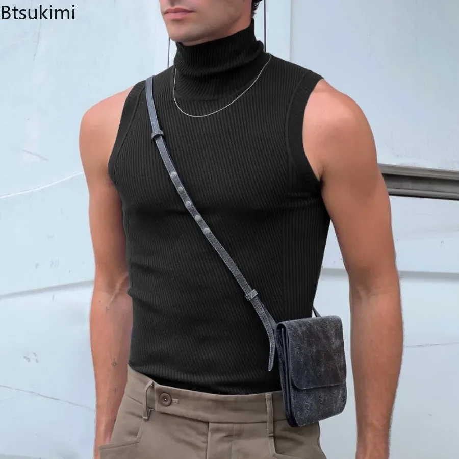 

2025 Fashion Sleeveless High Collar Tank Tops Men's Solid Casual Ribbed Vests Bottoming Top Male Tight Fit Sexy Vest Streetwear