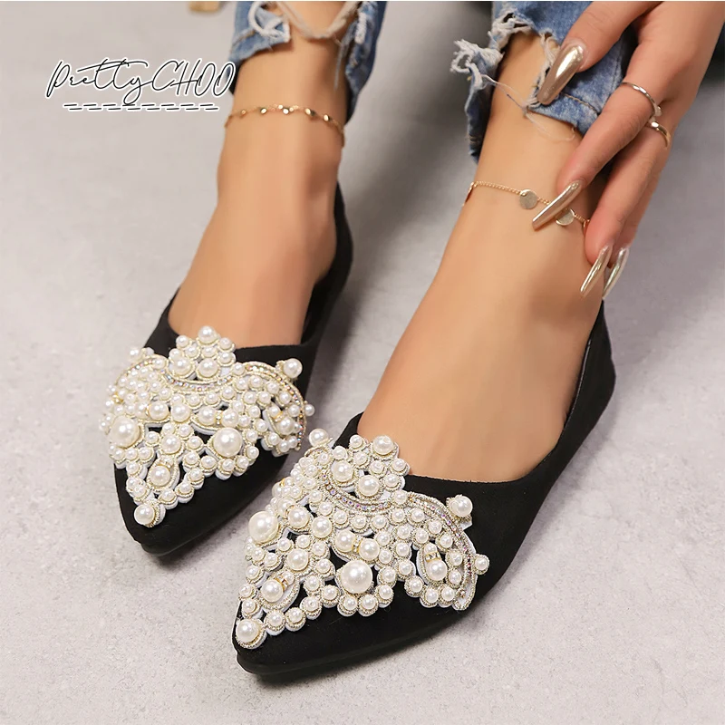 

Luxury Pearl Ornaments Ballet Flats Woman Elegant Point Toe Rhinestone Studs Loafers Ladies Bling Evening Party Slip-on Shoes