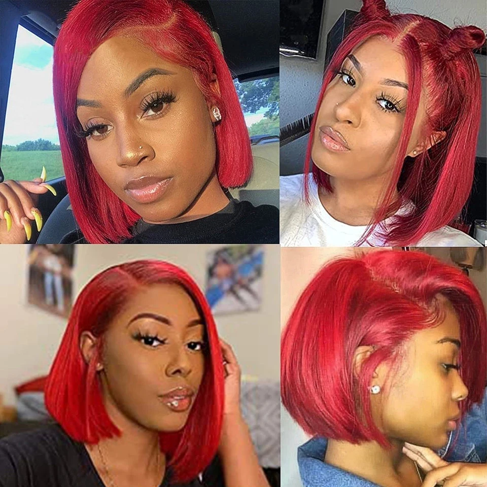 Straight Red Bob 13x1 Lace Front Wig 150% Density Glueless Colored Remy Pre Plucked Hairline T Part Human Hair Short Bob Wig