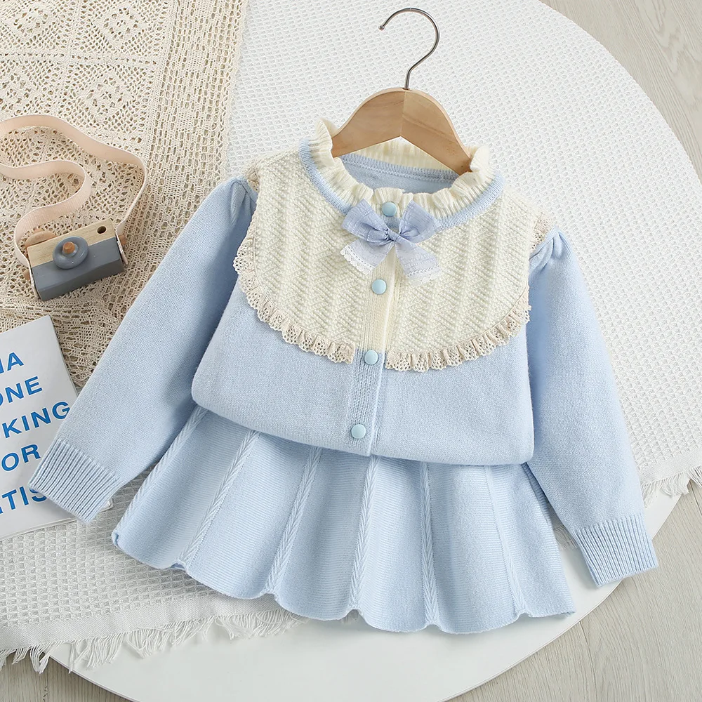 Girls' Sweater Set 2025 Spring and Autumn New Sweet and Simple Lace Bow Girl's Knitted Suit Sweater+Skirt