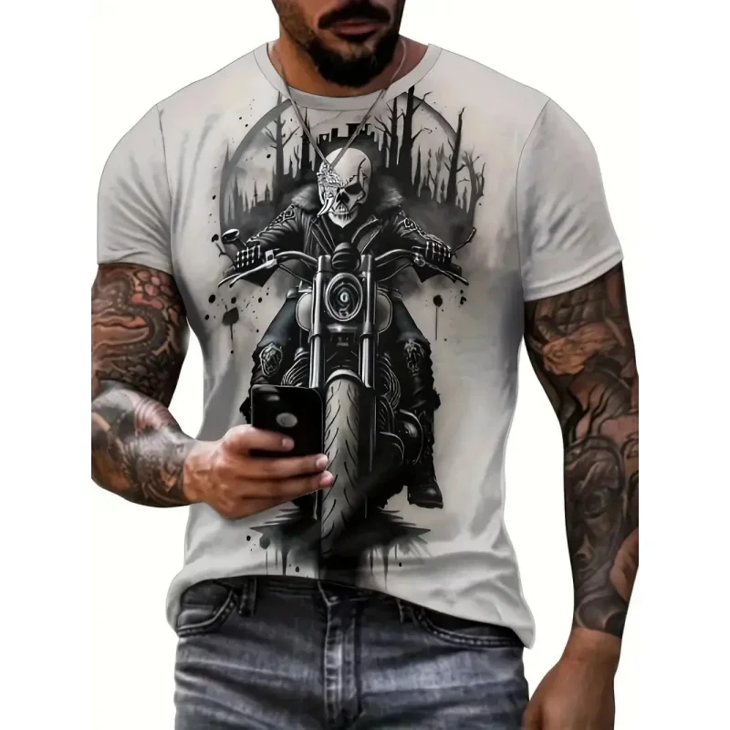 Camiseta con estampado de motocicleta para hombre, camisetas con estampado 3D de calavera de Panda, camisetas holgadas de manga corta con cuello redondo para calle de verano