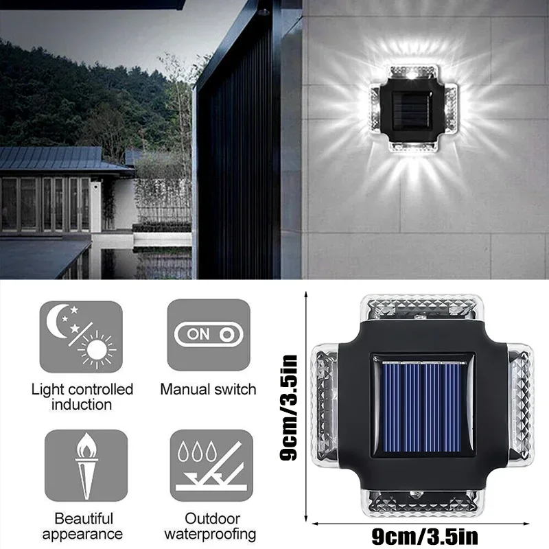 Luces LED solares impermeables para exteriores, lámpara de pared, foco de cuatro lados, luz Solar, iluminación de jardín, decoración de vallas de patio, 1-8 piezas