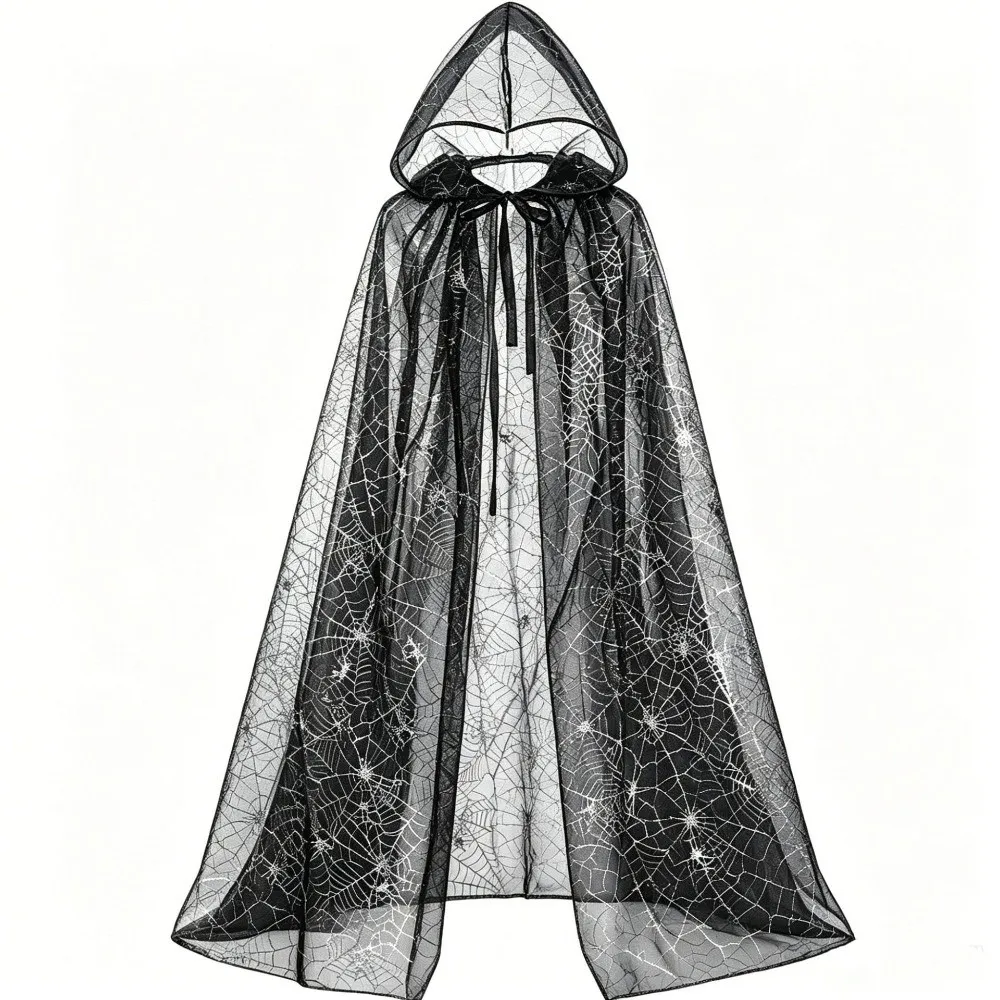 Lightweight Halloween Hooded Cape Semi-transparent Bat Spider Web Mesh Cardigan Black Creative Long Cloak Music Festival