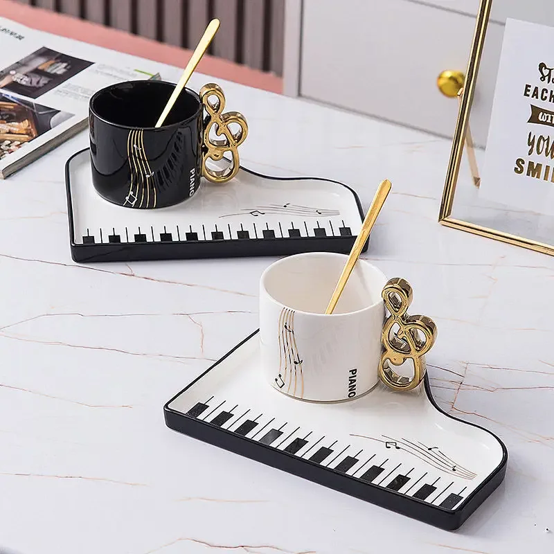 Creative niche piano keys coffee cup saucer underglaze color with spoon household afternoon tea ceramic music water cup gift cup