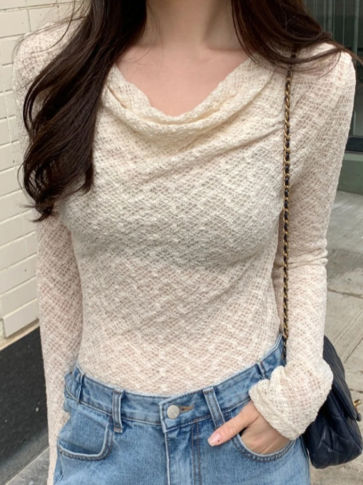 

Ele Long Sve Lace irt Women's Early Spring Slimming Base irt e Sweet Top Korean Sle Commute Pure Color