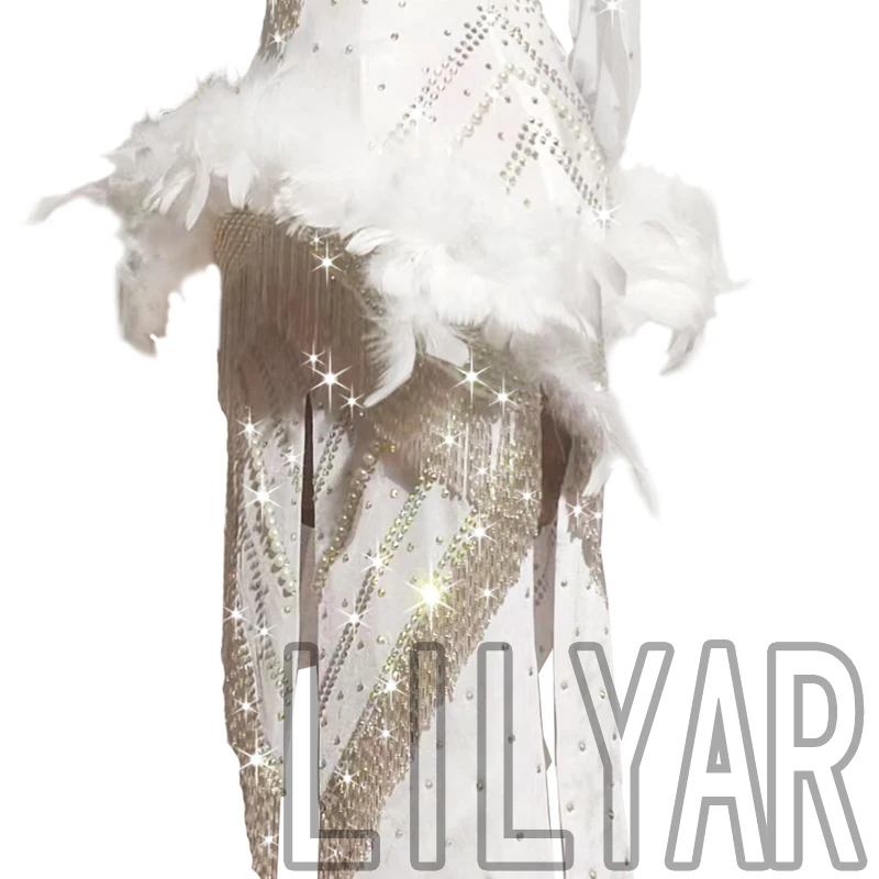 LILYAR New Latin Dance Performance Competition Performance Solid Color Sleeveless White Feather High-Grade Dance Dress