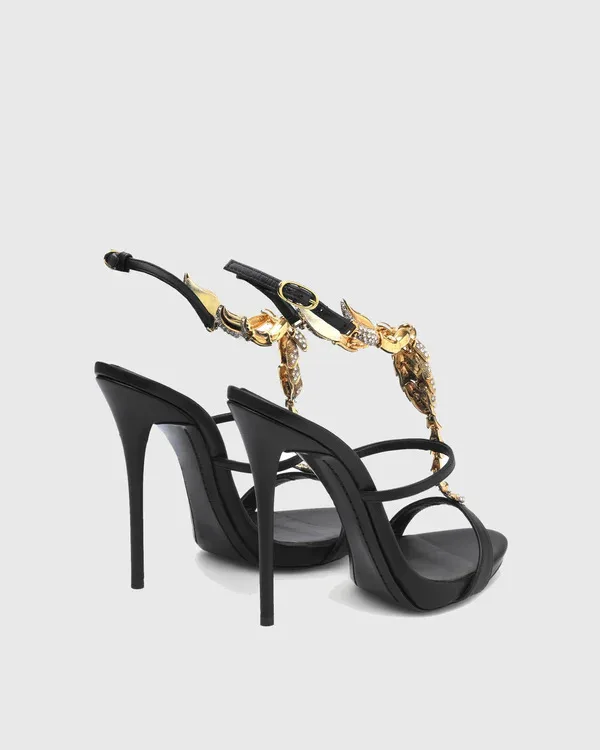 Sexy Schwarz Bling Strass Metall Dekoration Runde Kappe Sommer Frauen Sandalen Stiletto High Heels Schnalle Große Größe Schuhe