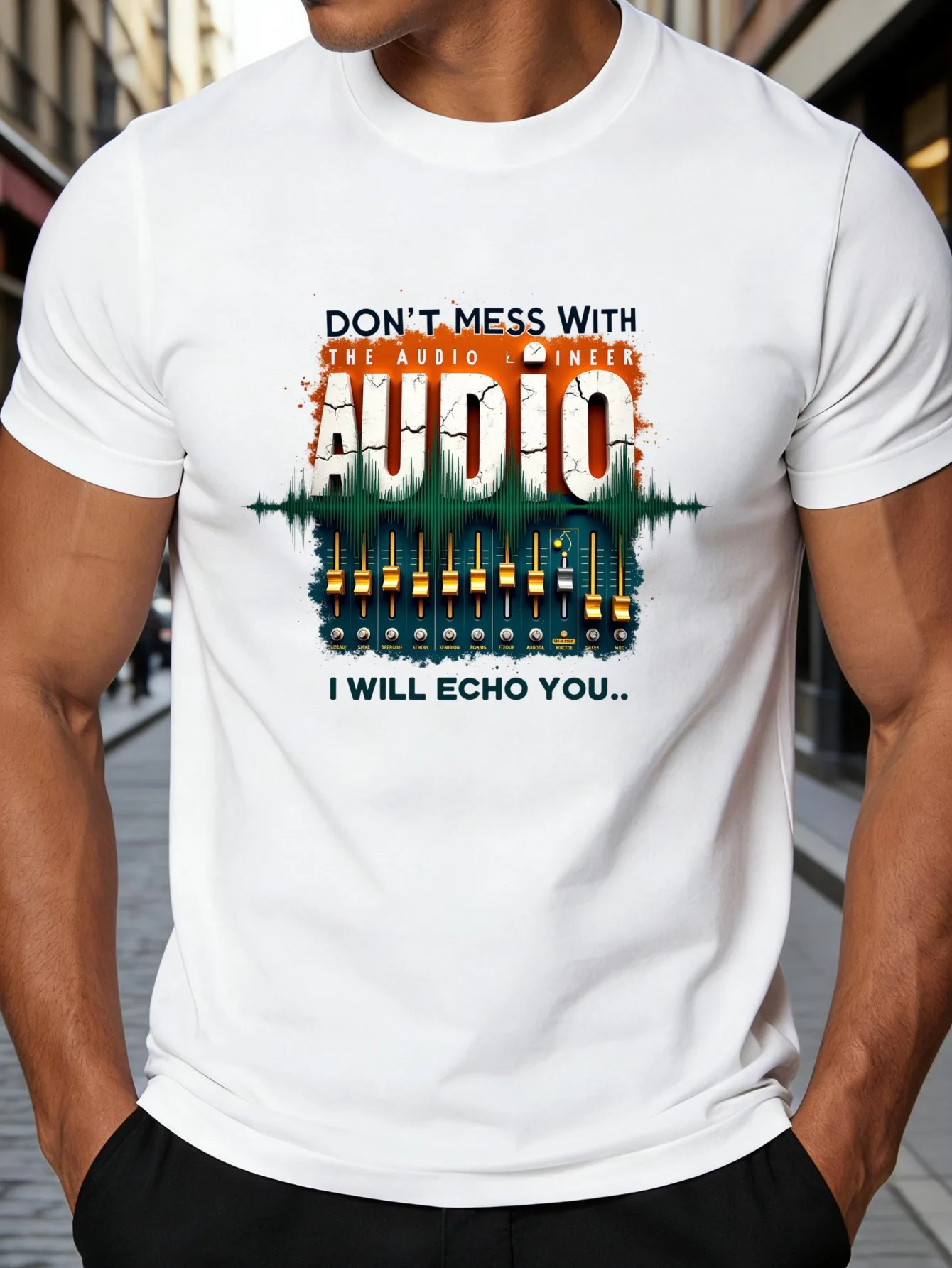Graphic Design Men's T-Shirt with Audio Wave and Soundboard Theme, Summer Casual Wear, Dedicated to Music Enthusiasts and Audiophiles