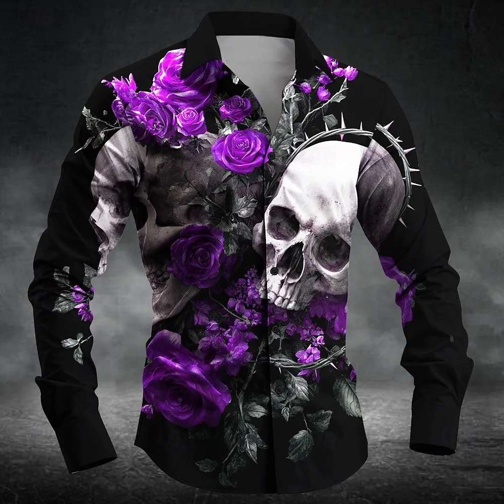 New 6-color men's Long Sleeved 3D Skull Print Rose Themed Creative Fashion Button Up Long Sleeved Shirt Top