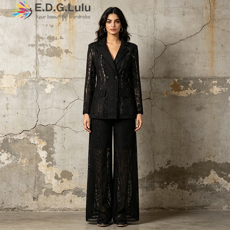EDGLuLu Fashion Casual Two Piece Set 2026 New Lace Embroidery See Through Shirt Top+ High Waisted Pants White Suit 0511