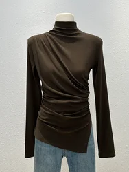 European Style Stand Up Collar Long Sleeved T-shirt for Women in Autumn and Winter, Pleated Waist Cinched Commuting Thick Top